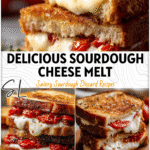 Golden sourdough grilled cheese with melted mozzarella and roasted tomatoes on a wooden board.